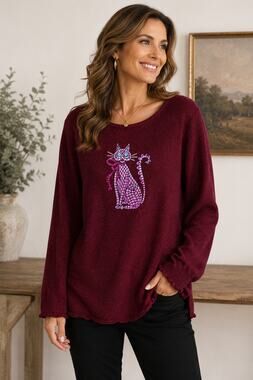 Bob Mackie Wearable Art XL Burgundy Metallic Cat Embroidered Sweater Tunic Top